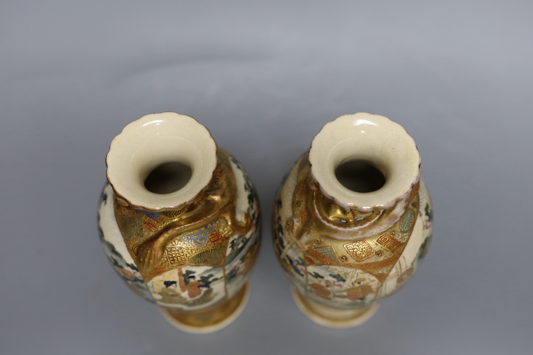 A pair of Japanese Satsuma pottery small vases, Meiji period, 18cms high